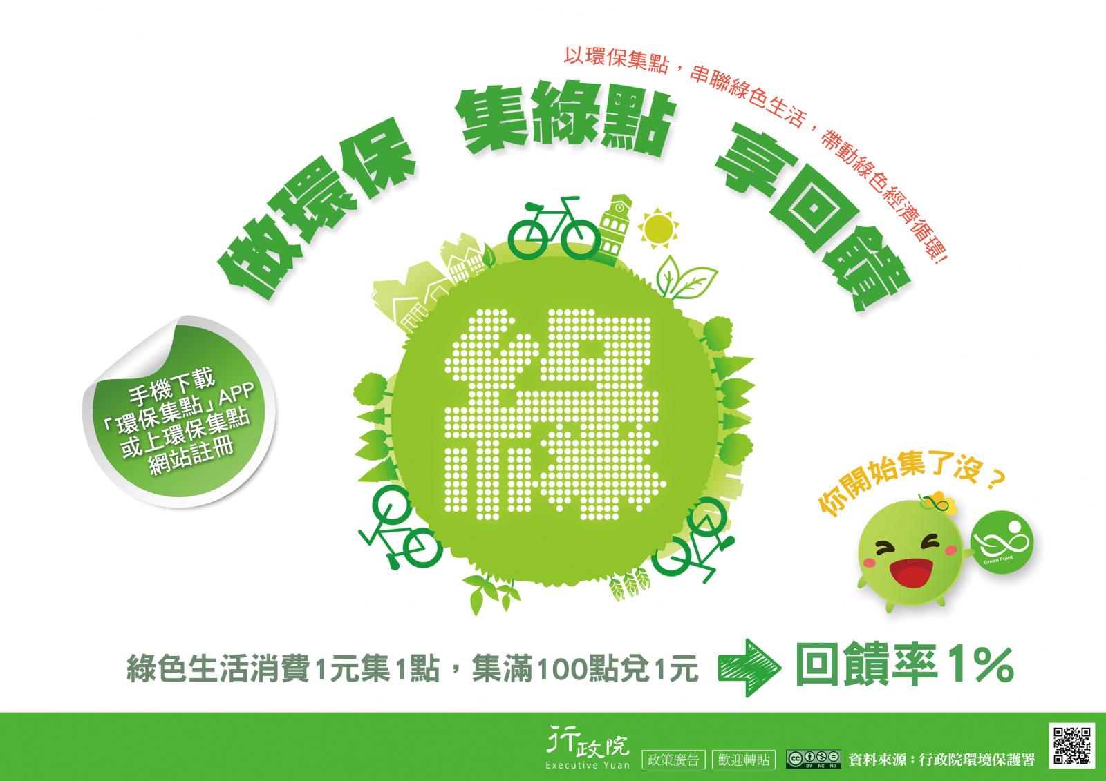做環保，集綠點，享回饋，以環保集點，串聯綠色生活，帶動綠色經濟循環！綠色生活消費1元集1點，集滿100點兌1元