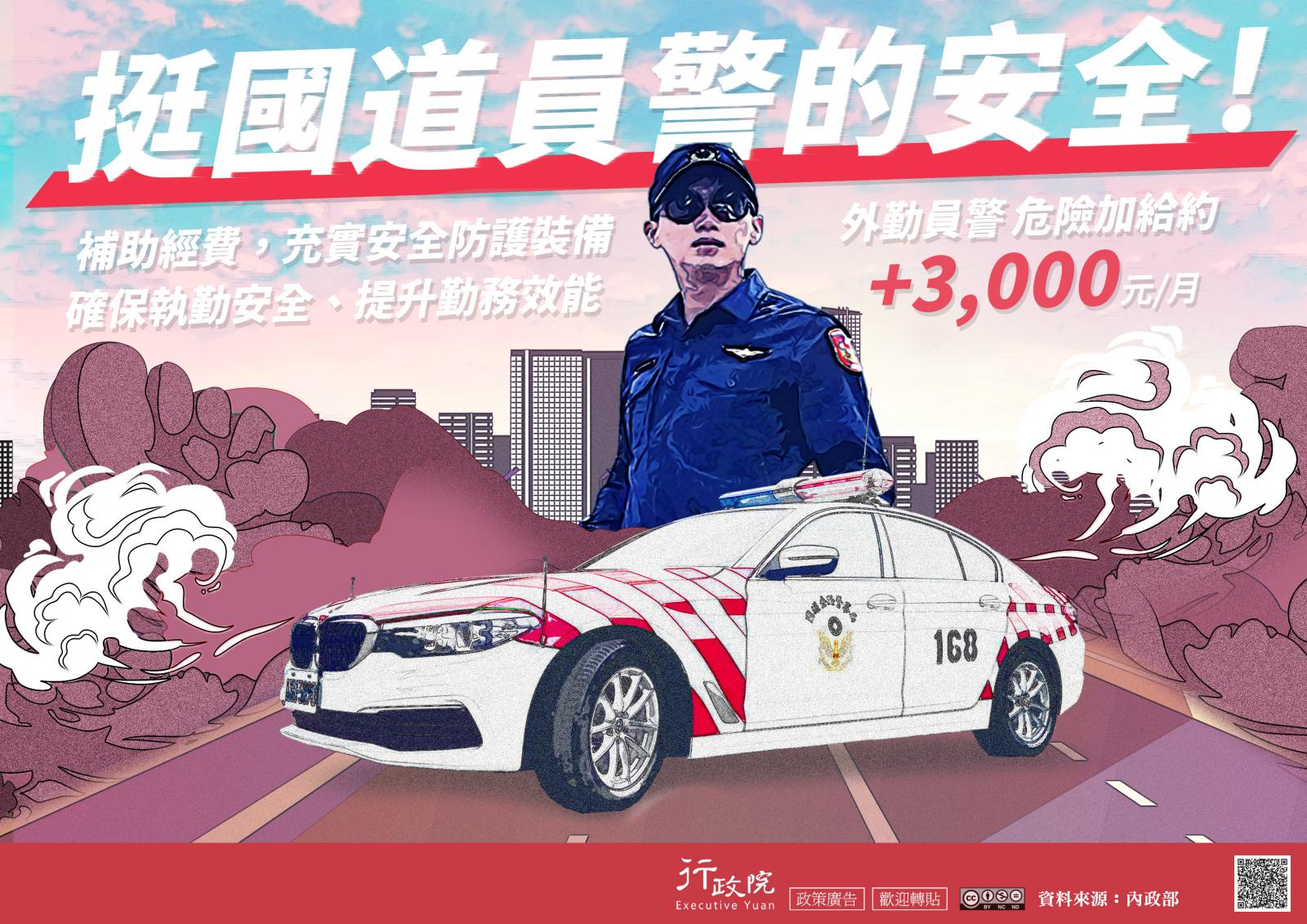 提升國道員警執勤安全，補助經費，充實安全防護裝備，確保執勤安全，提升勤務效能，外勤員警危險加給約每個月提高3000元